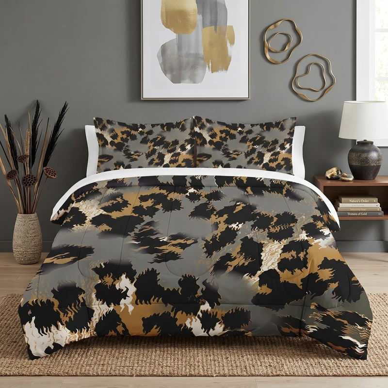 Pamnest Comforter Set King Size, Animal Leopard Cheetah Soft Bedding Set for Kids and Adults, Camouflage Camo Army Comforter Set with Pillowcase, for Bedroom Bed Decor