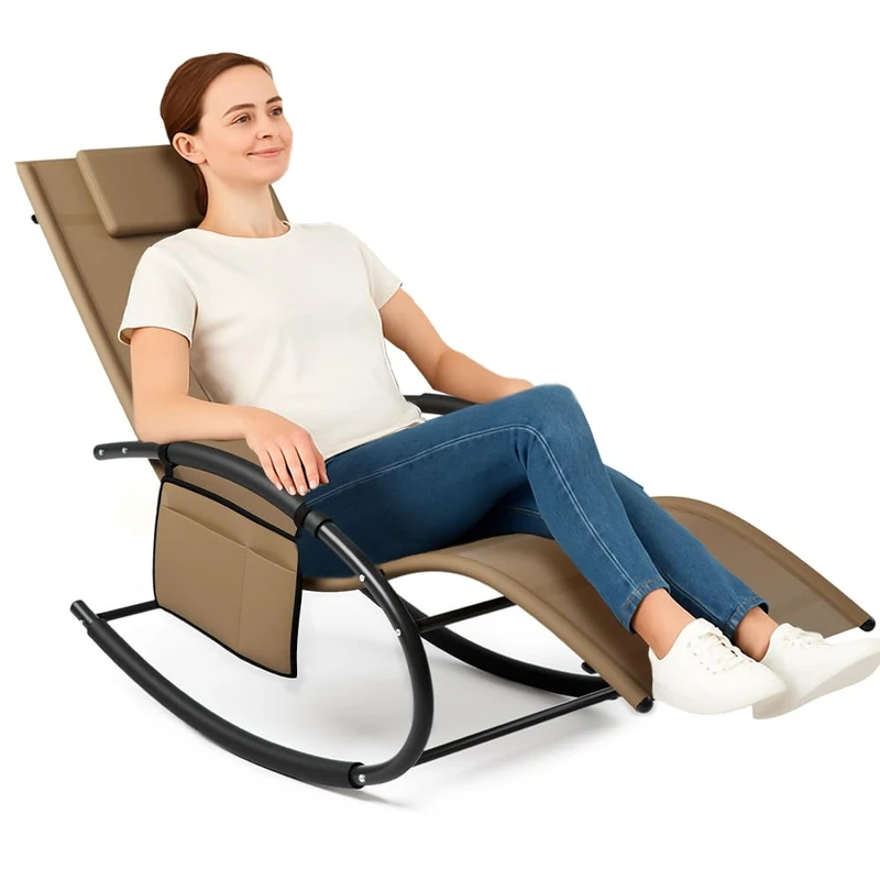 BAKAJI Garden Rocking Sun Lounger, Zero Gravity Sun Lounger with Textile Cover with Headrest, Armchair for Outdoor and Indoor Balcony Patio (Brown) - Image 1