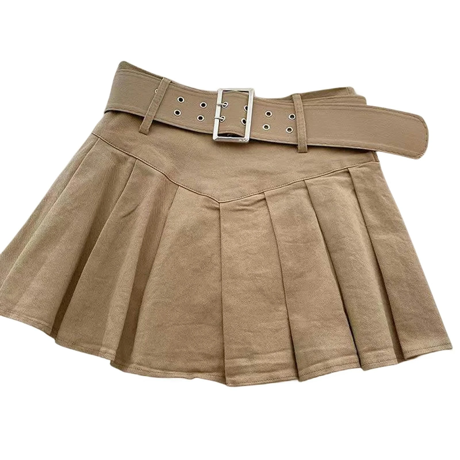 ZHOUT Black Skirt Summer Pleated Skirt Women Fashion with Belt Mini Skirts High Waist School Uniform A-line Short Skirts-Khaki with Belt-s