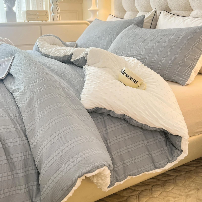 tohrisa Boho Comforter Set Queen Size Striped Pleats Bohemian Seersucker Bedding Set All Season Soft Cozy 3 Pieces Quilt with 2 Pillowcases(90"X90" Grey)