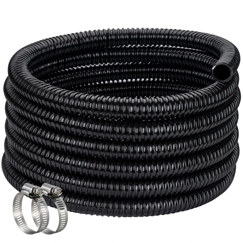 ZY-hosetube Pond Hose ID 1-1/4” × 50ft Black Corrugated Flexible Reinforced PVC Hose Vinyl Tubing for Pond Pump Fountain Garden Waterfall, Non-Toxic & Kinkproof, with 2 Clamps