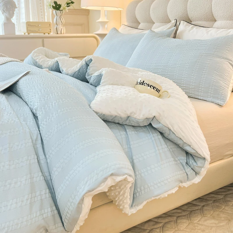 tohrisa Comforter Set, 3 Pieces Queen Size Seersucker Striped All Season Bedding with 2 Pillowcases (Light Blue)