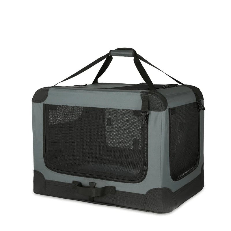 Amazon Basics 4-Doors Portable Soft-Sided Folding Travel Crate Kennel for cat, dog, and other small animals, Grey, S 66 cm x 46 cm x 46 cm