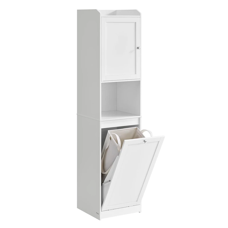 VASAGLE Tall Bathroom Cabinet with Laundry Basket, Storage Unit, Removable Laundry Basket with Handles, Compartment with Door, Bathroom Tower, 40 x 40 x 170 cm, Cloud White BBC761W01