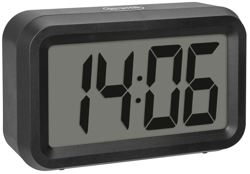 TFA Dostmann Digital Alarm Clock, 60.2038.01, Switch Between LCD LED Hybrid, Battery Operated, with Alarm and Snooze Function, with 2 Brightness Levels, Dimm Function (LED), Black