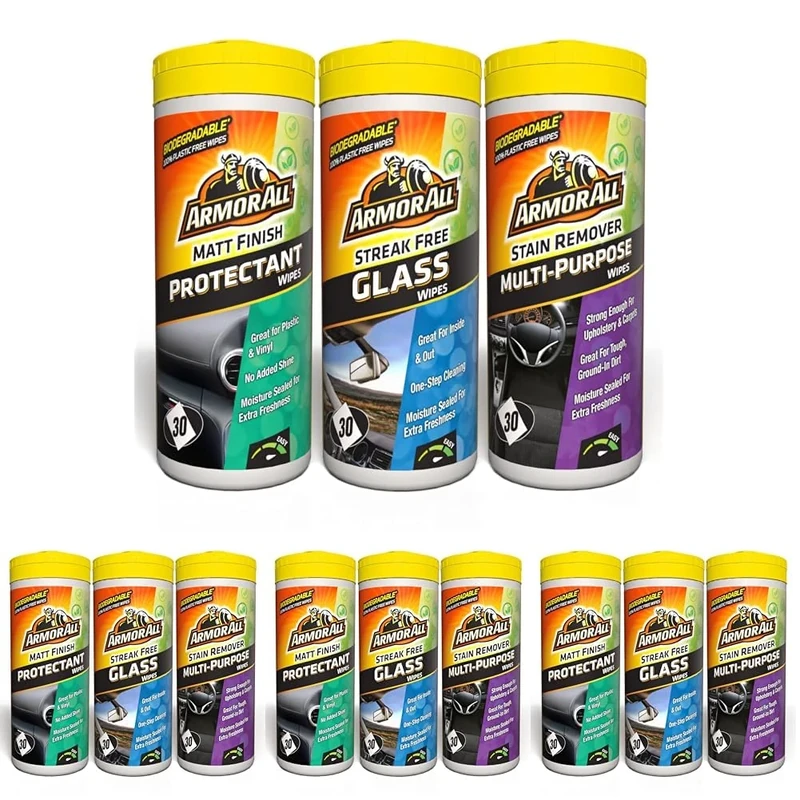 Armor All, Car Interior Cleaning Wipes,Triple Pack for Dashboard, Glass & All Around Interior, Set of 3x30 Plastic Free Wipes (90 Biodegradable Wipes) (Pack of 4)