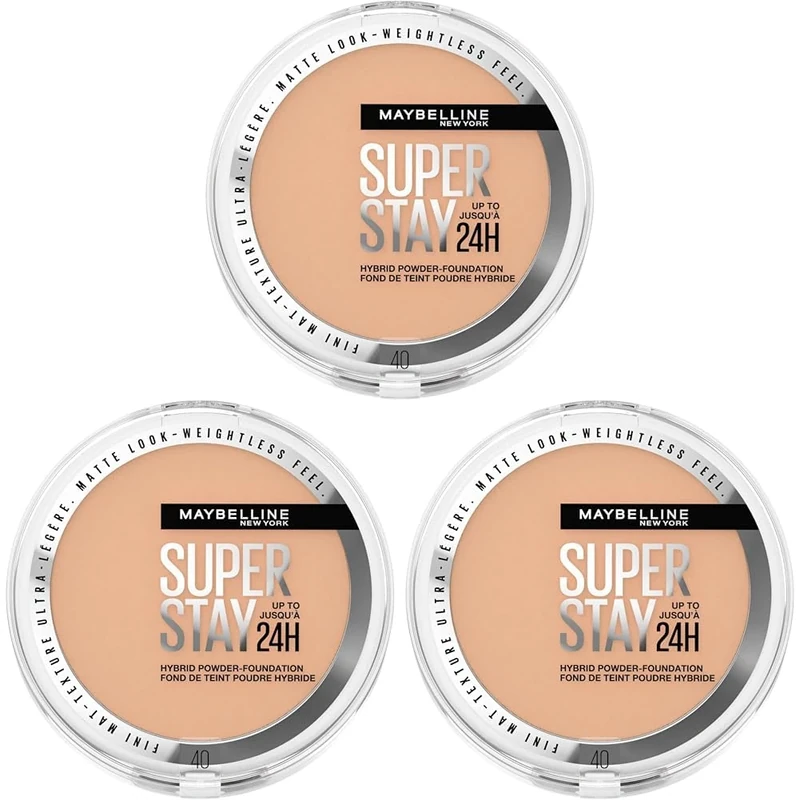 Maybelline Powder Foundation, Long-lasting 24H Wear, Medium to Full Coverage, Transfer, Water & Sweat Resistant, SuperStay 24H Hybrid Powder Foundation, 40 (Pack of 3)