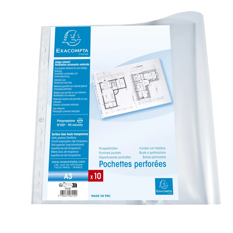 Exacompta - Ref 6210E - Box of 5 Bags of 10 Punched Pockets PP Smooth 9/100e - Universal 11-Hole Punching - A3 Horizontal/Landscape Format - Top Opening - Colourless