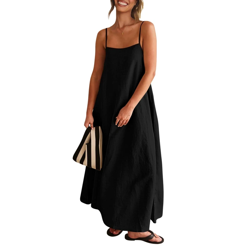 Senllen Women's Linen Dress Summer Loose Flowy Sundress Contrast Spaghetti Strap Sleeveless Backless Beach Maxi Long Dresses, Black, XL - Image 1