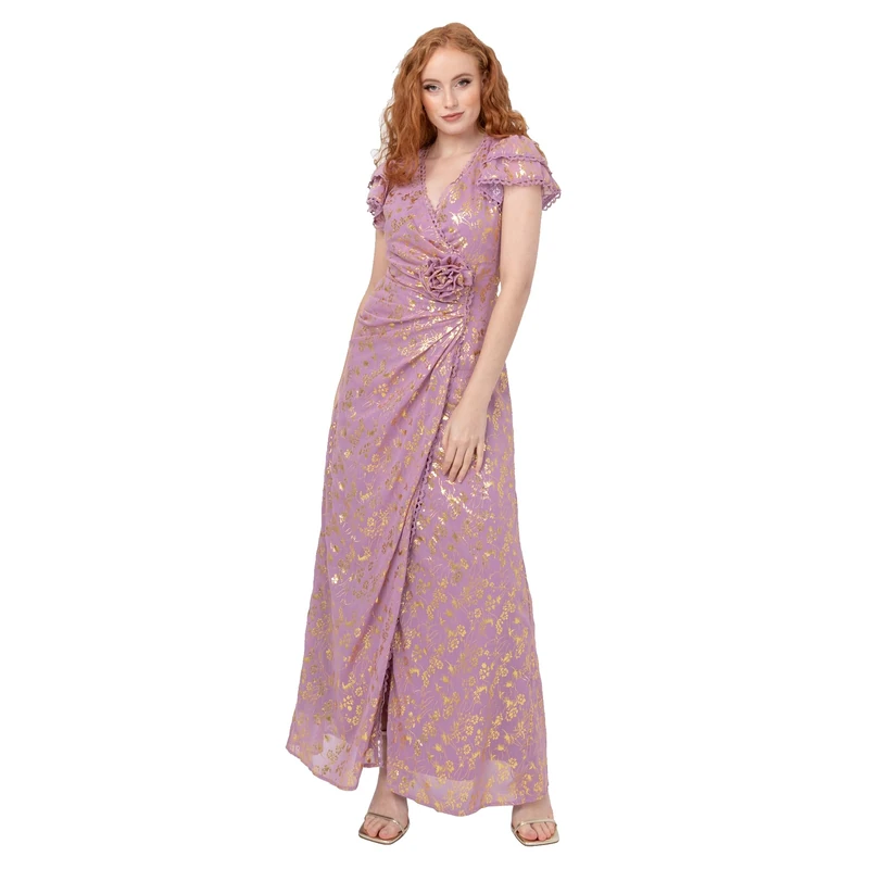 Maya Deluxe Women's Maxi Dress Ladies Wrap V-Neck Short Tiered Flutter Sleeve Gold Foil Jacquard Bodice A-Line Prom Ball Gown, Orchid Pink 34, Orchid Pink, UK 6