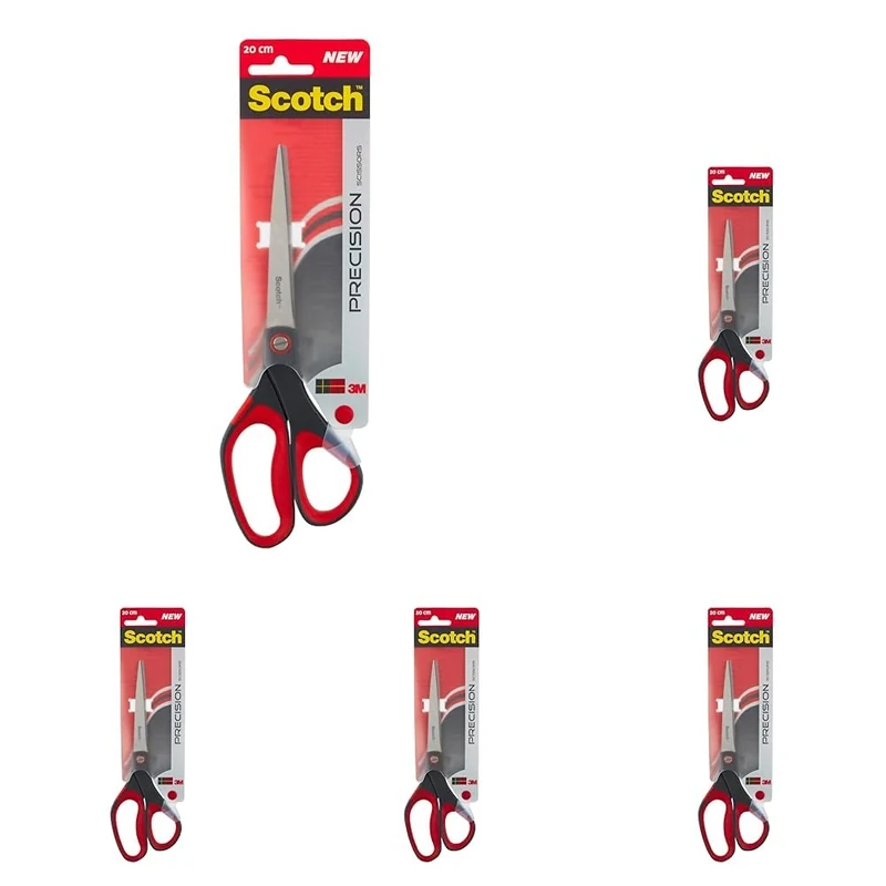 Scotch Precision Office Scissors with Stainless Steel Blades - 20 cm - Ideal for Precise Cutting, Good for Right Hand Use and Left Hand Use - Grey/Red Colour (Pack of 5)