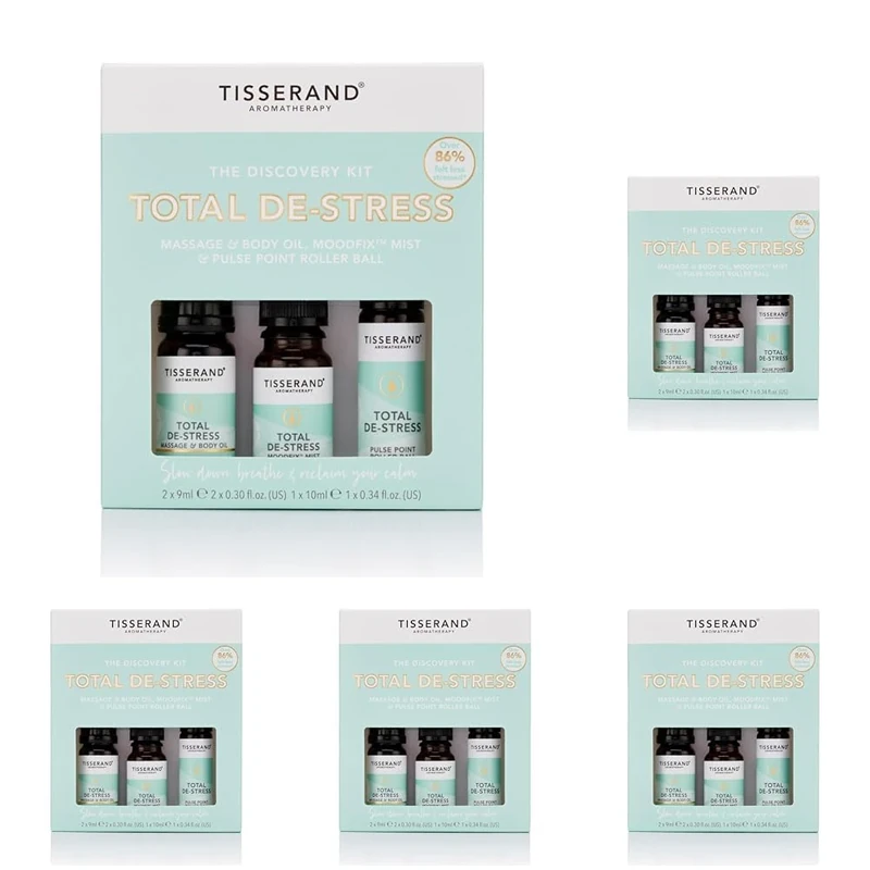 Tisserand Aromatherapy - Total De-Stress Discovery Kit - Roller Ball, Massage & Body Oil & MoodFix Mist - 100% Natural Pure Essential Oils - 2x9ml, 1x10ml (Pack of 5)