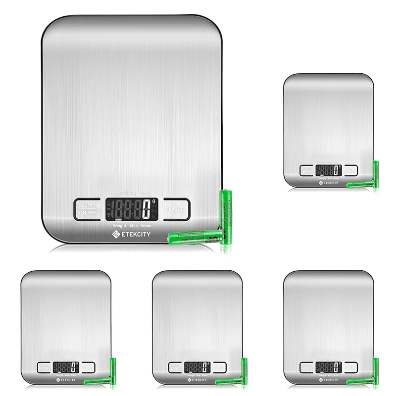 Etekcity Digital Kitchen Scales, Premium Stainless Steel Food Scales, Professional Food Weighing Scales with LCD Display, Incredible Precision up to 1 g (5 kg Maximum Weight), Silver (Pack of 5)