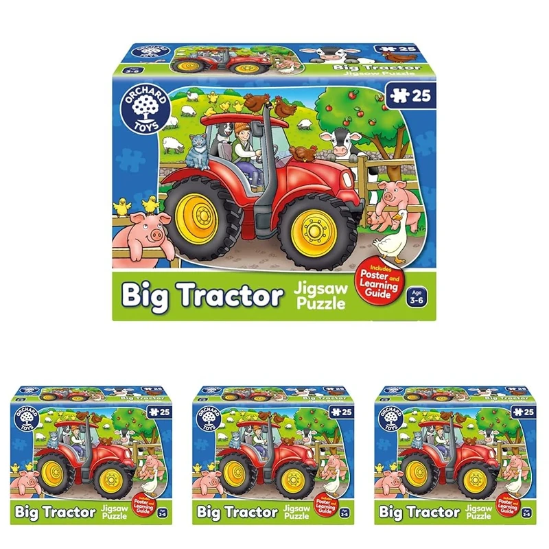 Orchard Toys Big Tractor Jigsaw Puzzle, 25-Piece Farm Themed Shaped Puzzle For Ages 3-6, Includes Poster, Perfect Party Gift (Pack of 4)