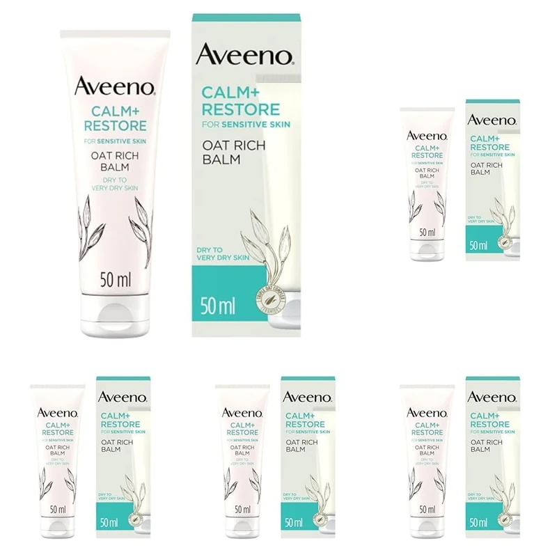 Aveeno Face CALM+RESTORE Oat Rich Balm, Deeply Moisturises, For Very Dry & Irritated Skin, With Soothing Triple Oat Complex & Ceramides, Unscented, 50ml (Pack of 5)