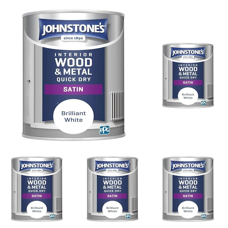 Johnstone's - Quick Dry Satin - Brilliant White - Satin Finish - Water Based - Interior Wood & Metal - Radiator Paint - Low Odour - Dry in 1-2 Hours - 12m2 Coverage per Litre - 0.75 L (Pack of 5)