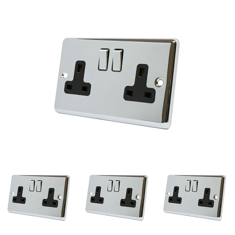 AET CPC2GSOCBC 13 A 2-Gang Polished Chrome Classical Double Plug Socket with Black Insert Metal Rocker Switches (Pack of 4)