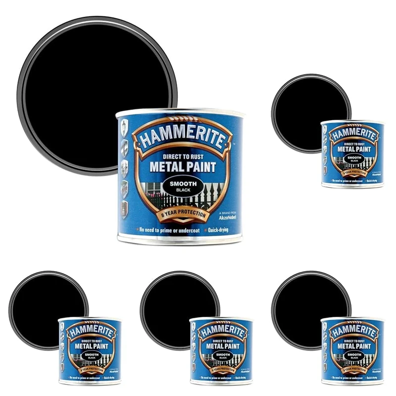 Hammerite Direct to Rust Exterior Gloss Black Metal Paint, Smooth Finish. Corrosion Resistant Black Gloss Paint and Rust Remover, 8 Year Protection - 250ml Tin 1.25 SqM Coverage (Pack of 5)