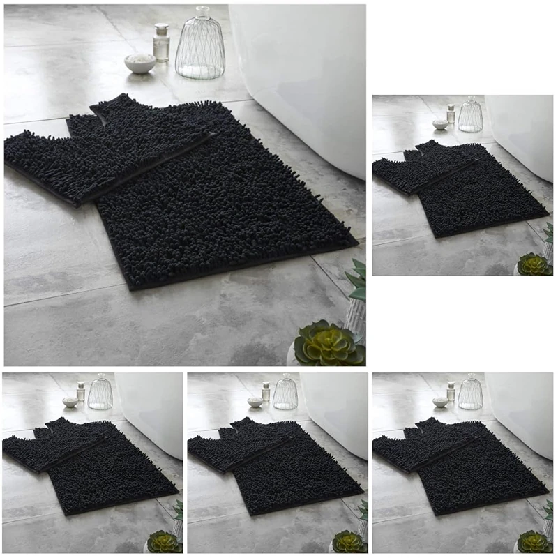 GC GAVENO CAVAILIA Soft Bath Mat Sets For Bathroom | 2 Piece Bath Mat Non Slip Back | Highly Water Absorbent & Fast Drying 100% Microfiber Chenille Toilet Rug with Pedestal Mat | Black (Pack of 5) - Image 1