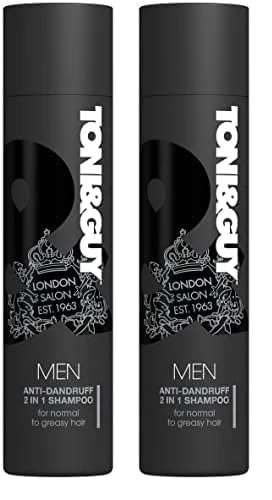 Toni & Guy Men Anti Dandruff 2 in 1 Shampoo, Cleanses Greasy Hair and Soothes Itchy Scalp, 250ml (Pack of 2)