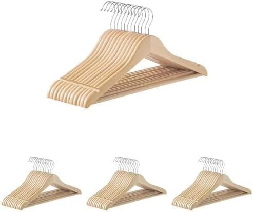 SONGMICS Wooden Hangers, Pack of 48, Coat Hangers, Non-Slip, Pants Bar, 360° Swivel Hooks, for Jackets, Shirts, Coats, Natural Beige CRW010N12