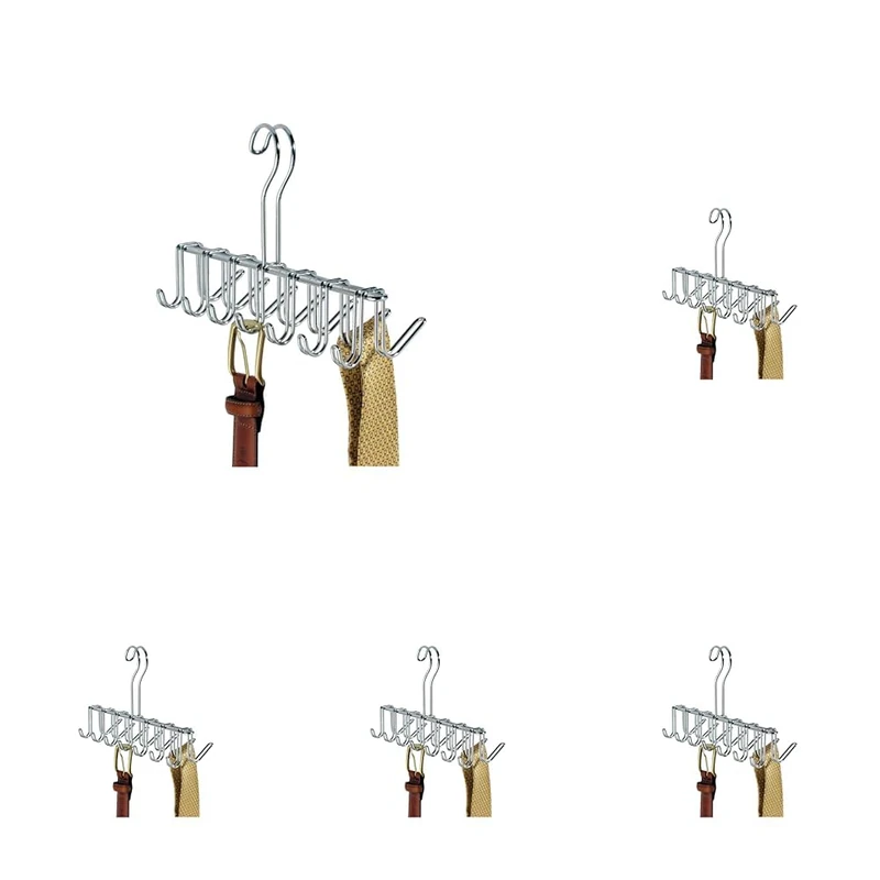 iDesign Tie and Belt Hanger with 14 Hooks, Handy Metal Tie Rack for Wardrobe or Closet, Practical Wardrobe Hanging Storage for Handbags and Small Scarves, Silver (Pack of 5)