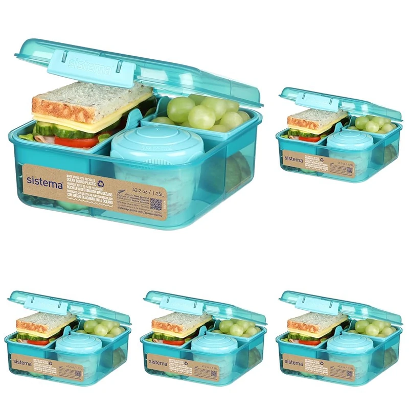 Sistema Bento Box To Go Lunch Box With Yoghurt/Fruit Pot 1.25 L Made Using Recycled Plastic Recyclable With Terracycle Teal Stone (Pack of 5)