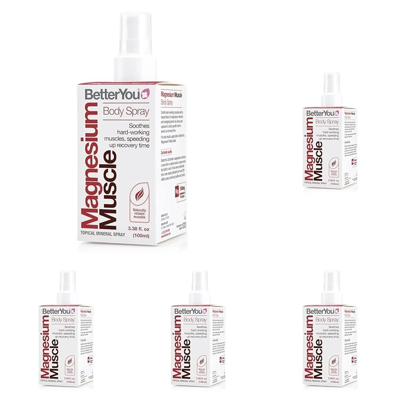 BetterYou Magnesium Muscle Body Spray, Sports Recovery, Natural Source of Magnesium Chloride, Helps Reduce Recovery Time and Soothes Hard-Working Muscles, 100ml (600 Sprays) (Pack of 5)