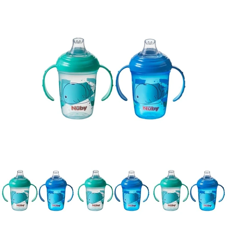 Nuby Grip N Sip Water Bottle - No Spill Sippy Cup | 240ml / 8oz | Twin Handle | Dishwasher and Microwave Safe | Suitable Beaker for 4 Months Plus (Whales, Pack of 8), 048526890415