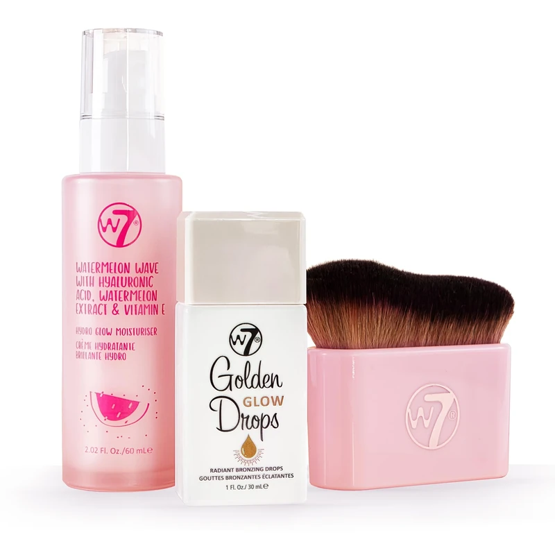 W7 Golden Glow Drops Essential Trio - 3 Piece Set - Liquid Bronzing Drops, Moisturiser & Body Brush