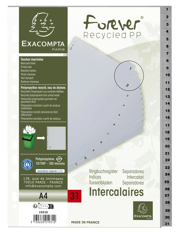 Exacompta - Ref 1931E - Cardboard of 20 Grey Recycled Polypropylene dividers with 31 Digitally Printed tabs from 1 to 31 - A4 Size to File - Dimensions 22.5 x 29.7 cm - Certified Blue Angel
