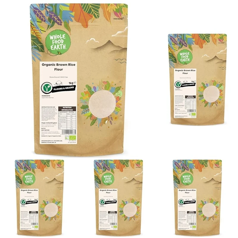 Wholefood Earth Organic Brown Rice Flour – 1 kg | Stone Ground | GMO Free | Certified Organic (Pack of 5)