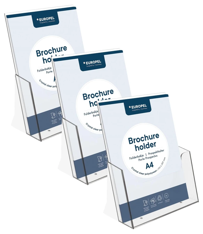 Europel Leaflet & Brochure Holder | For A4 Size Literature | Crystal Clear Acrylic Construction | Booklet, Flyer & Menu Display & Dispenser for Office, Restaurants & Reception | Portrait | Clear