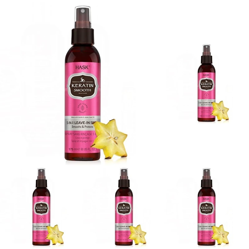 HASK Keratin 5-in-1 Smoothing Leave In Conditioner Spray for all hair types, colour safe, and cruelty-free - 1 175mL Bottle (Pack of 5)