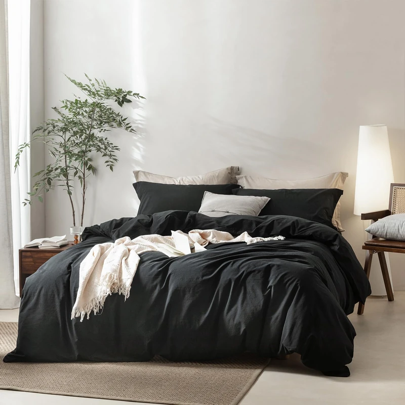 BDEAR Linen Feel Black Duvet Cover King Size 104'' W x 90'' L, 100% Washed Cotton Duvet Cover with Zipper Closure Plus 2 Pillowcases, Cozy and Breathable