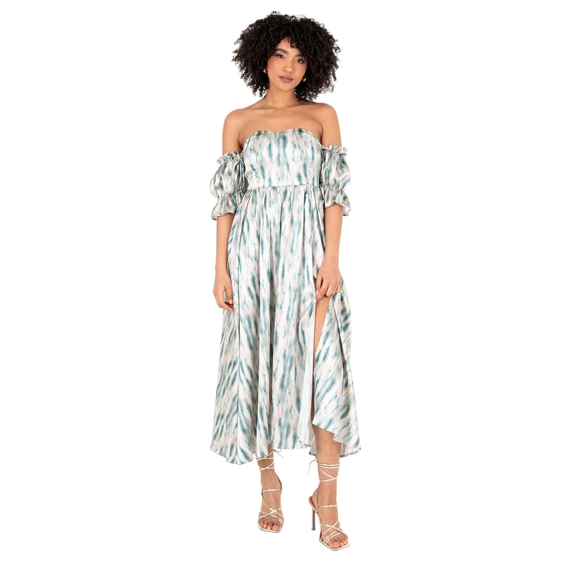 Lovedrobe Women's Midaxi Dress, Bardot Off-The-Shoulder Neckline Short Ruffle Sleeve A-line Split Leg Abstract Print, Blue, 52, Blue, 26