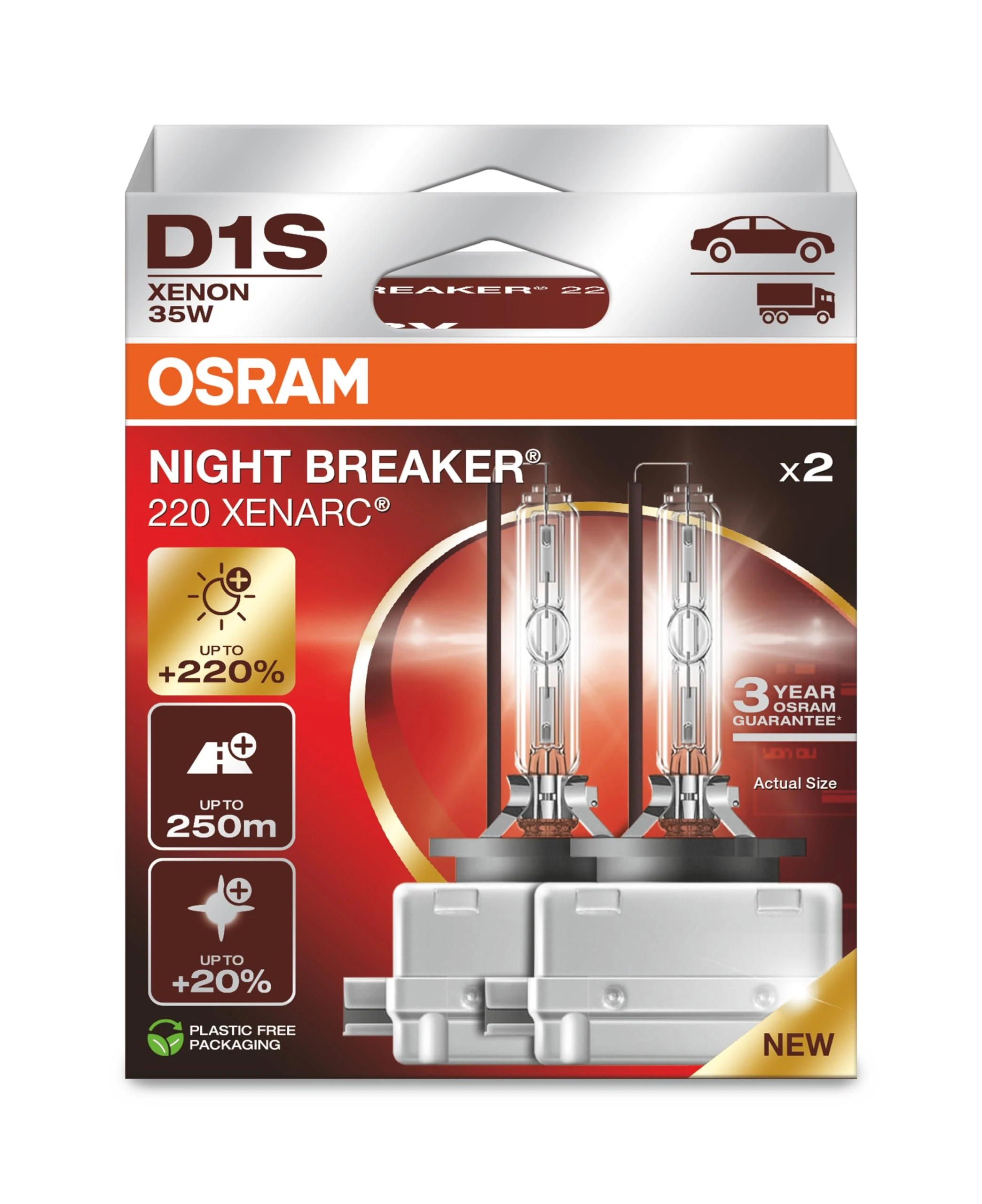 Osram XENARC NIGHT BREAKER 220, D1S, 220% more brightness, xenon headlight lamp, 66140XN2-2HB, 2 lamps, white