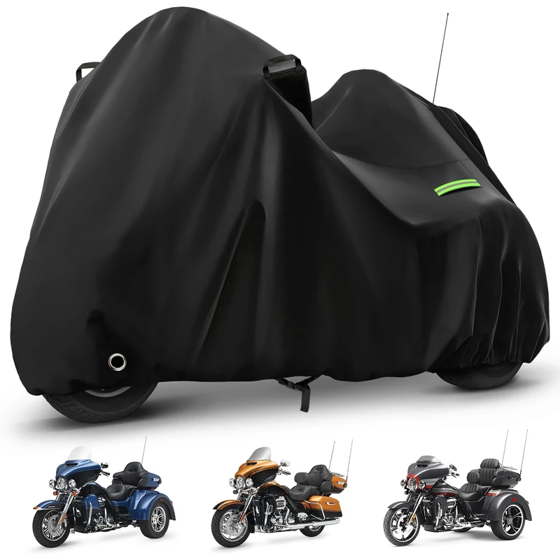 Motorcycle Cover Waterproof for Trike Models Freewheeler/CVO Version/Tri Glide Ultra/Gold Wing Trike, Heavy Duty Sun Rain Outdoor Protection Motorbike Cover with Antenna Zipper & Soft Cotton Lining