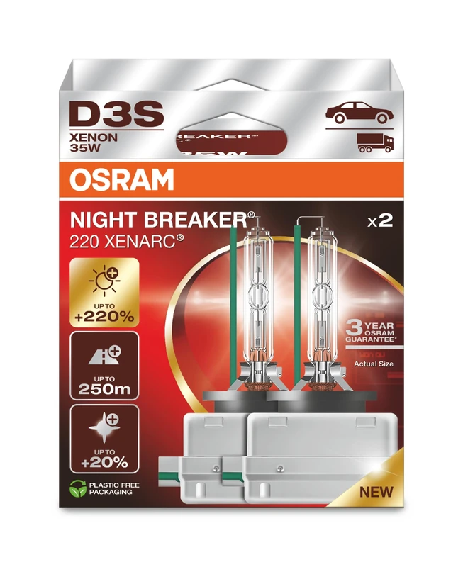 OSRAM XENARC NIGHT BREAKER 220, D3S, +220% more brightness, xenon headlight lamp, 66340XN2-2HB, 2 lamps