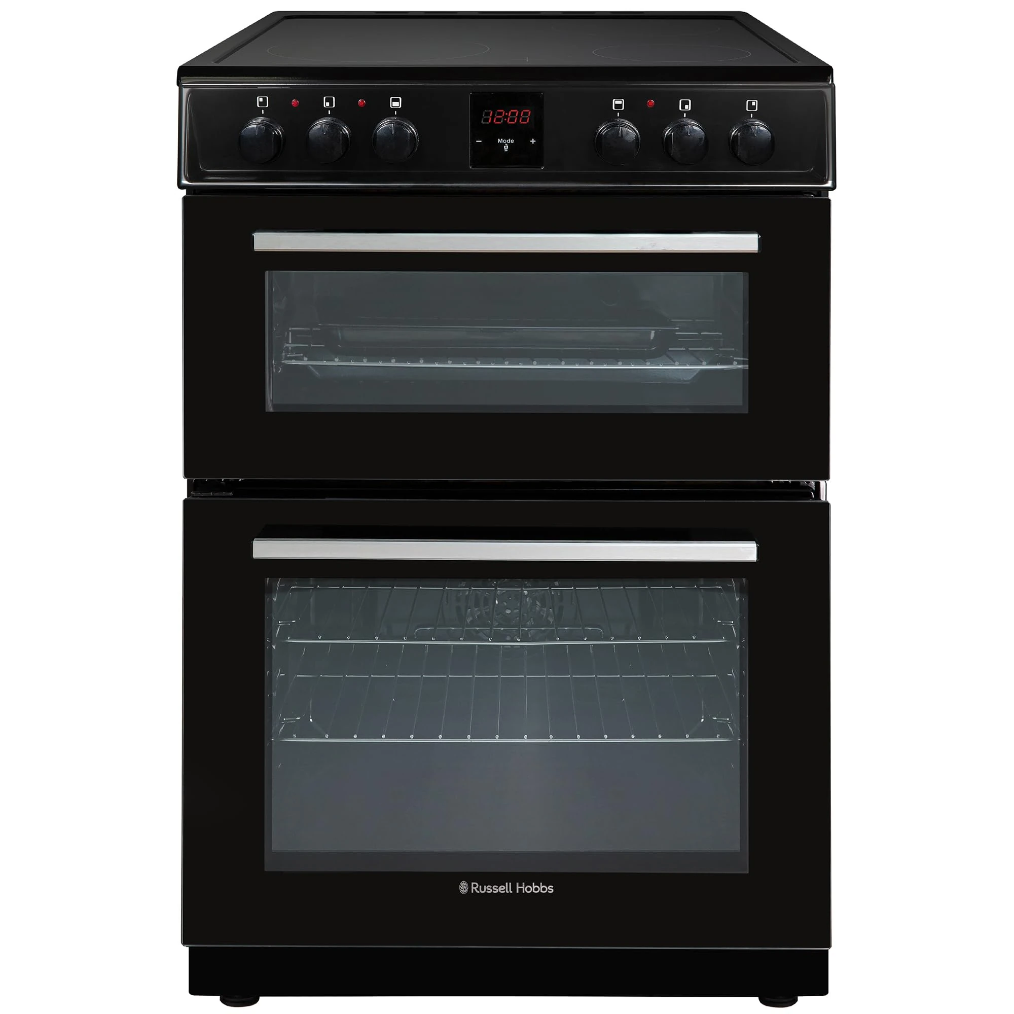 Russell Hobbs Electric Cooker 3 in 1 68L/37L Split Black Double Oven with 3 Shelves, Full-Size Grill Pan, 4 Zone Ceramic Hob, Energy Efficient, Up to 2 Years Guarantee, RH60EDOEH6011B