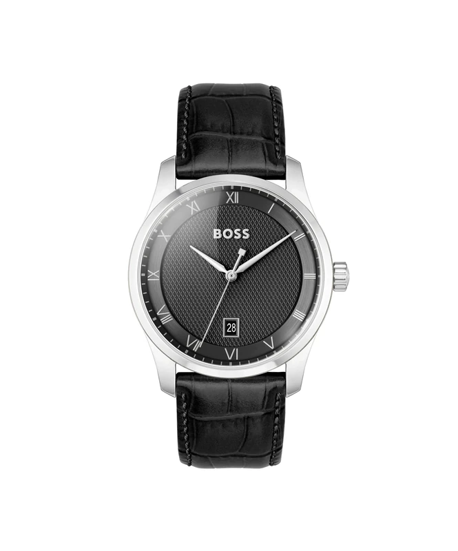 BOSS Three Hand Quartz Movement Watch for Men Principle Collection with Black Leather Strap - 1514122