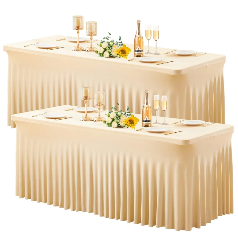 Wish Care 2 Pack Champagne Spandex Table Clothes for 4 Foot Rectangle Tables, 4FT Wrinkle Free Fitted Tablecloths Ruffles Design Table Cover for Party, Banquet, Wedding and Events