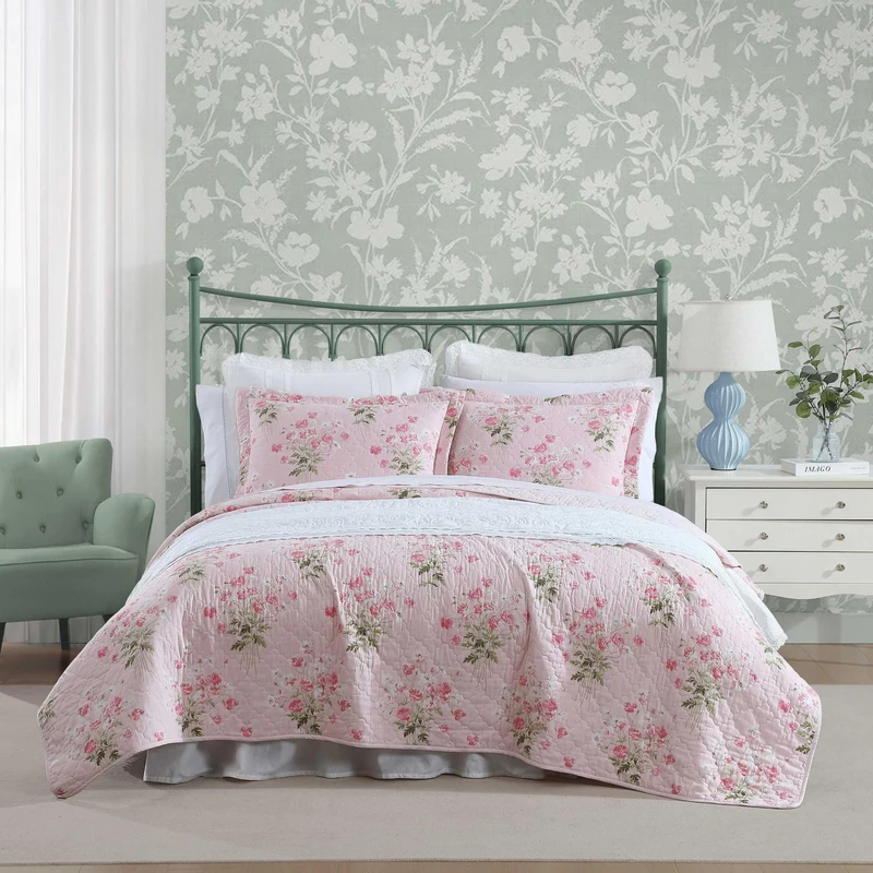 Laura Ashley Veronica's Bouquet Quilt Set, Pink, Twin - Breathable Premium Bedding with Matching Sham