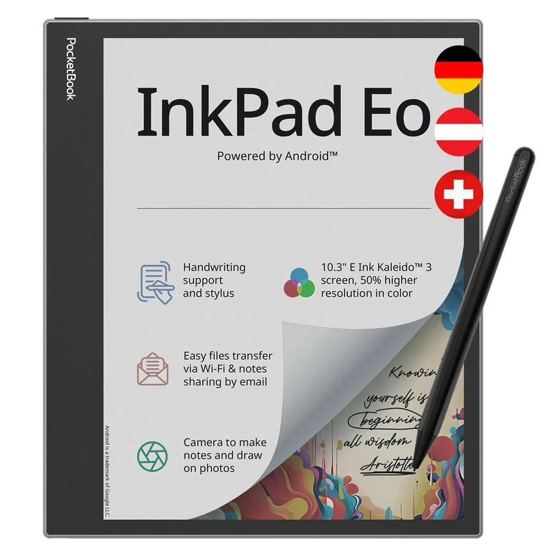 Pocketbook InkPad Eo E-Reader, 10.3 Inch E-Ink Colour Display, 64 GB, Android, Bluetooth, Camera, Touchpen, Light Grey - DE/at/CH Version