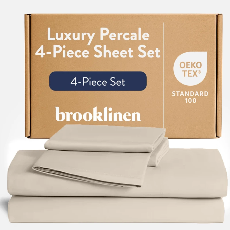 Brooklinen Luxury Percale 4 Piece Sheet Set - 100% Cotton, Full Size in Pebble Grey - 1 Fitted Sheet, 1 Flat Sheet, 2 Pillowcases | Best Sheets for Hot Sleepers