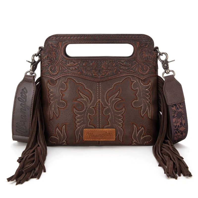 Wrangler Crossbody Bags for Women Western Fringe Top Handle Handbags Embroidered Boot Scroll Crossbody Bag, A-medium-coffee, M