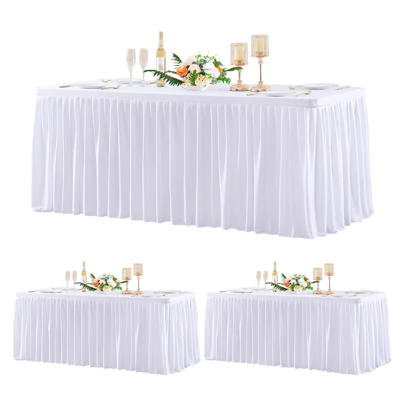 3 Pack White Polyester Table Clothes for 8 Foot Rectangle Tables, Wrinkle Free Fitted Table Cover with Pleated Ruffle Table Skirt for Birthday Party Wedding Trade Show Event Display