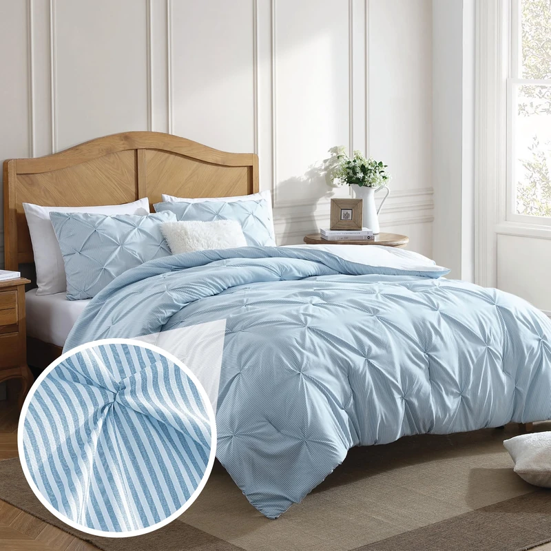 Swift Home Full/Queen Pinstripe Chambray Blue Comforter Set - Classic Pintuck Bedding Set - 3 Pieces Bed Linen, 1 Comforter and 2 Pillow Shams