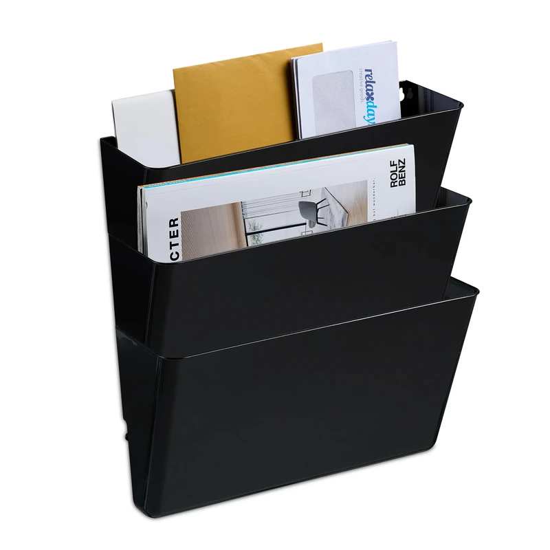 Relaxdays Magazine Holder, Set of 3, A4, Plastic, Hang on Wall, HxWxD: 19 x 33 x 10.5 cm, Newspaper Storage Rack, Black