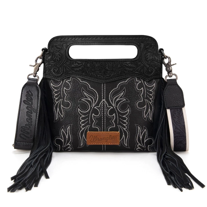 Wrangler Crossbody Bags for Women Western Fringe Top Handle Handbags Embroidered Boot Scroll Crossbody Bag, A-medium-black, M